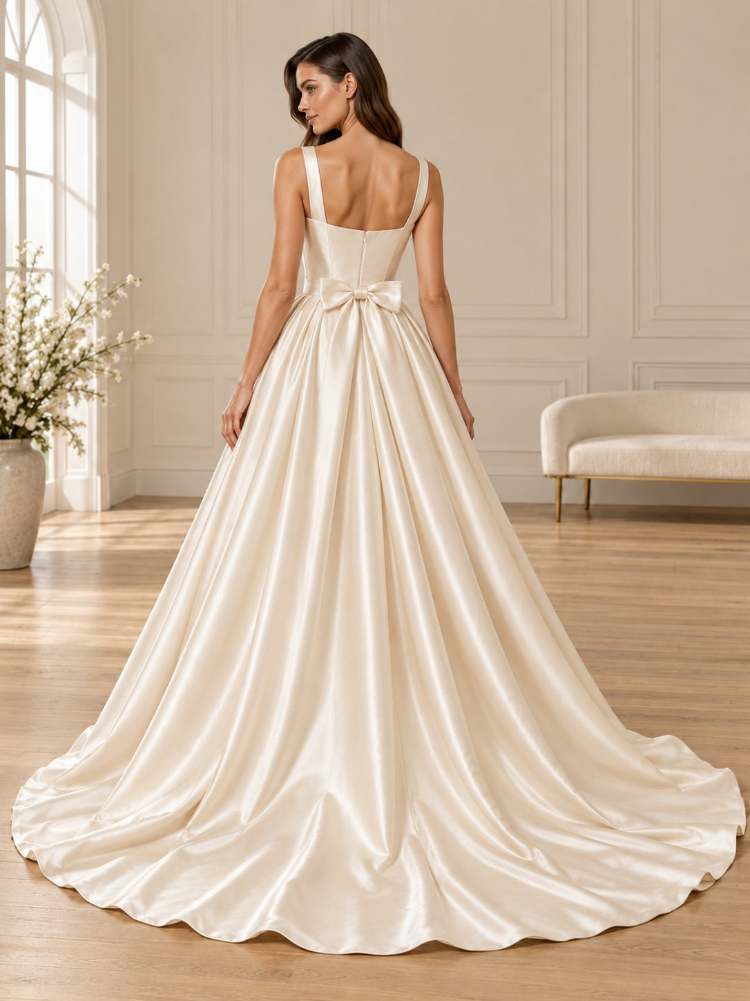 Vestido de novia de satén en marfil, línea A, escote cuadrado, sin mangas y bajo asimétrico