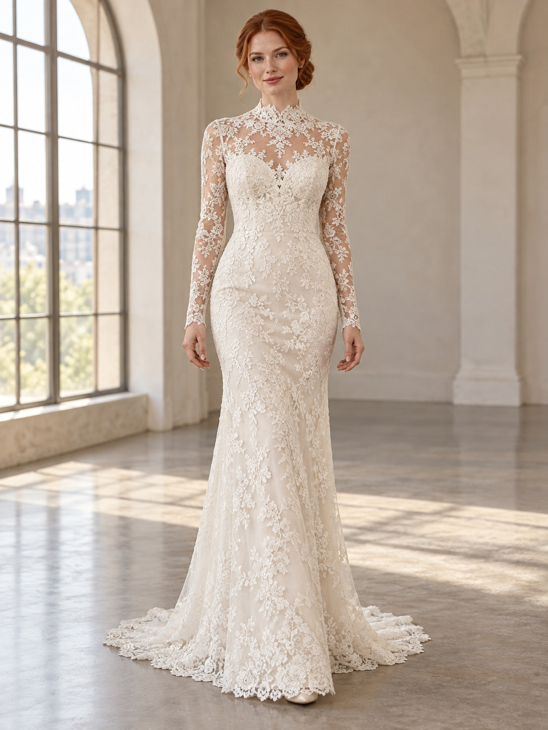 Vestido de novia de encaje y tul en marfil, corte recto, cuello alto y escote corazón, manga larga y cola corta