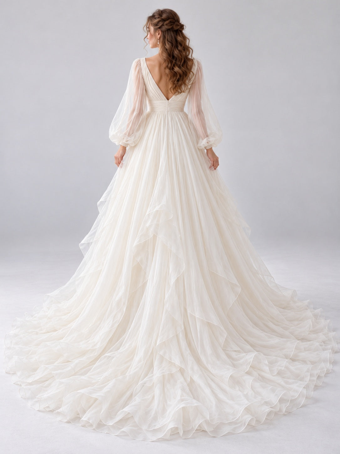 Long Sleeve V-neck Romantic Gathered Cascading Organza Full A-line Bridal Wedding Dress with Train — image 2, style 747480