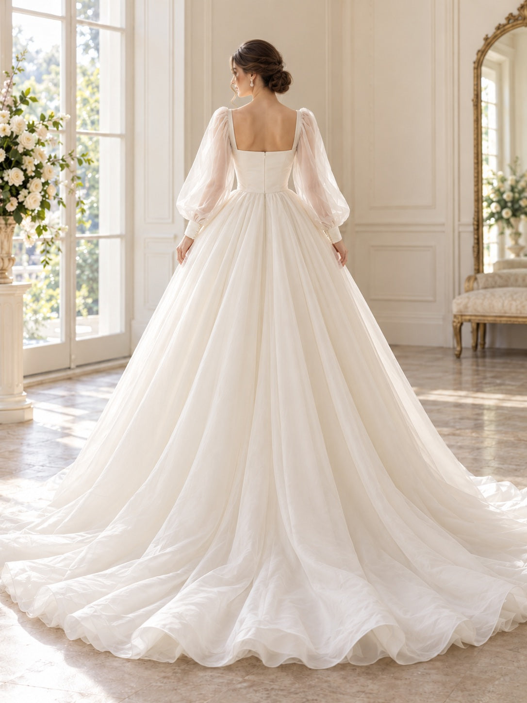 Square Neck Long Sleeve Simple Full Pleated Organza Romantic Ball Gown Bridal Wedding Dress — image 2, style 747481