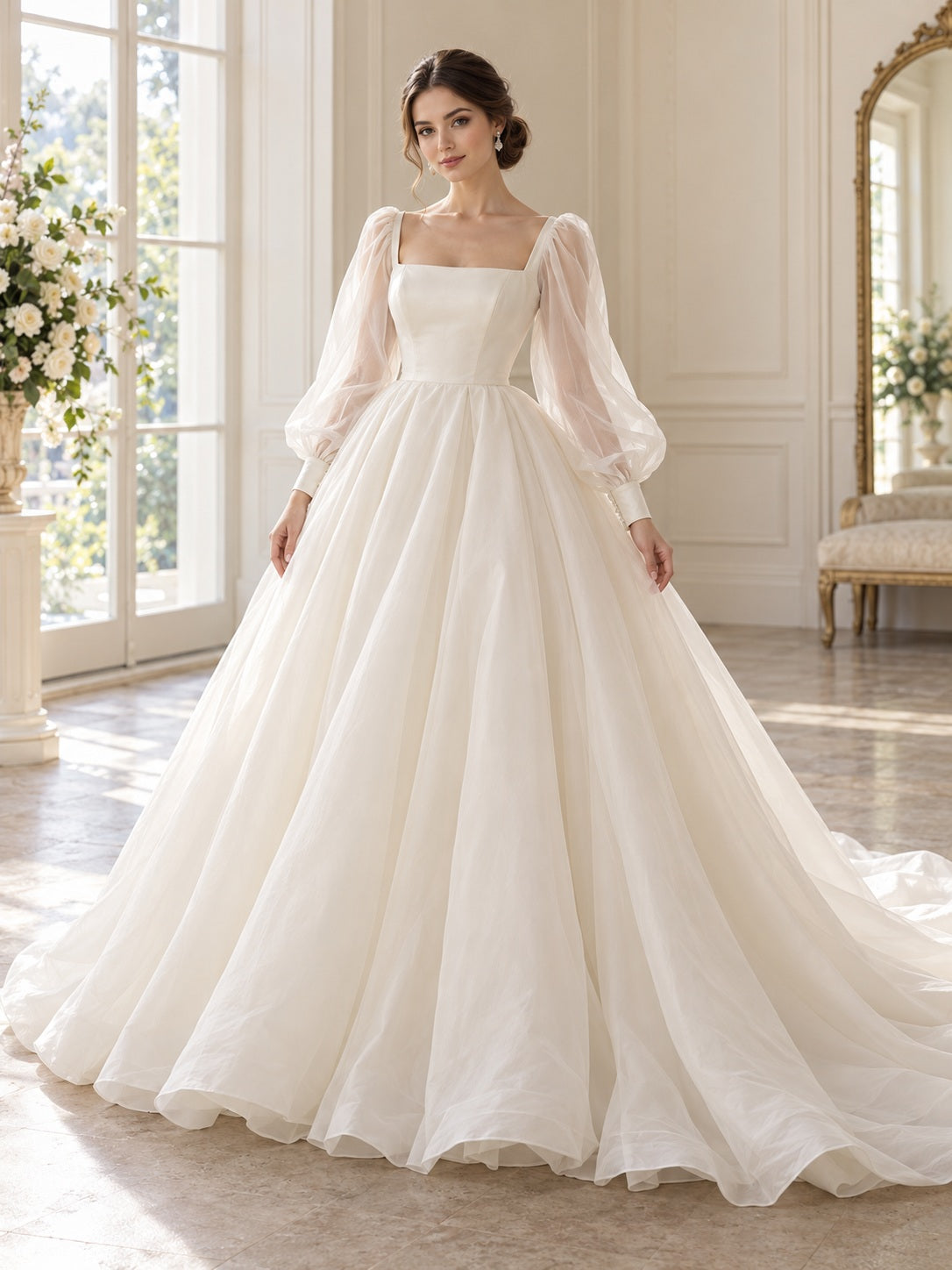 Square Neck Long Sleeve Simple Full Pleated Organza Romantic Ball Gown Bridal Wedding Dress — image 1, style 747481