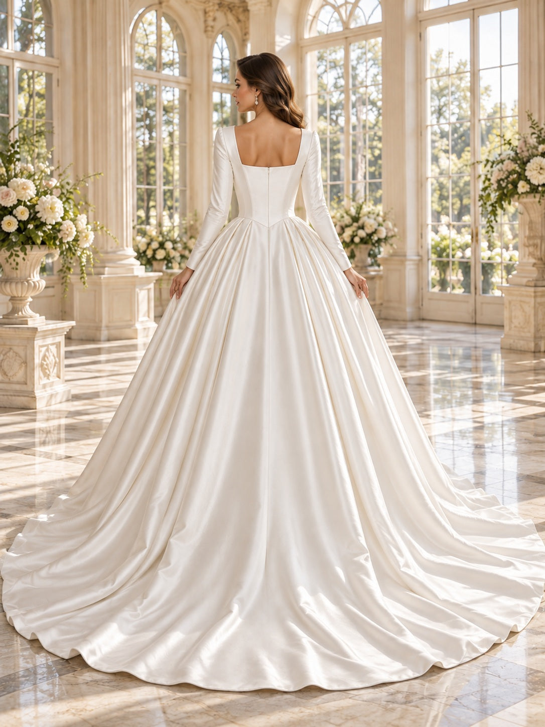 Einfaches elegantes Braut- und Hochzeitskleid aus Satin mit eckigem Ausschnitt, langen Ärmeln und bodenlangem, vollständig plissiertem Ballkleid-Rock