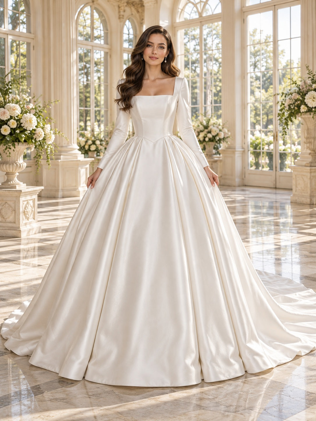 Einfaches elegantes Braut- und Hochzeitskleid aus Satin mit eckigem Ausschnitt, langen Ärmeln und bodenlangem, vollständig plissiertem Ballkleid-Rock