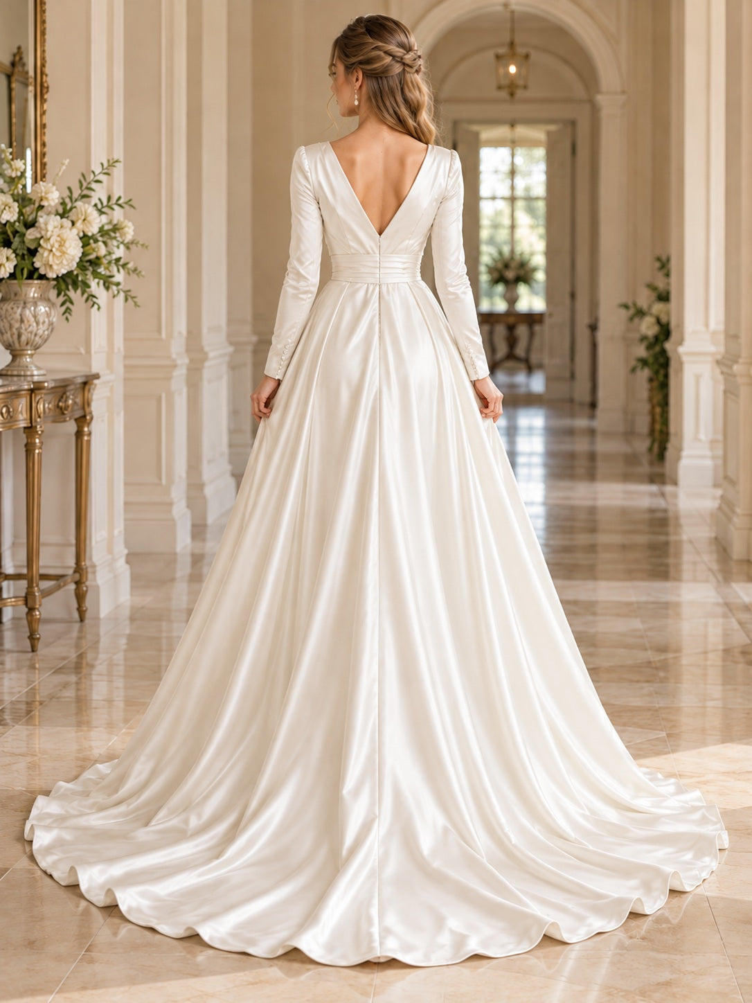 Vestido de novia de satén en marfil, línea A, escote en V, manga larga y cola corta