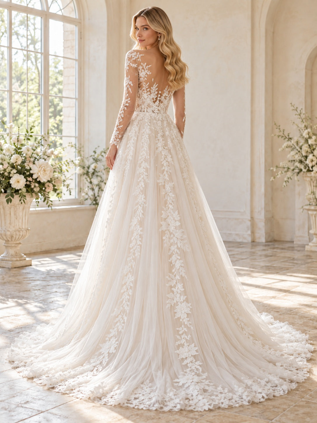 Langärmliges, romantisches Brautkleid mit V-Ausschnitt, floraler Spitze, voluminösem Tüll, A-Linie und Schleppe