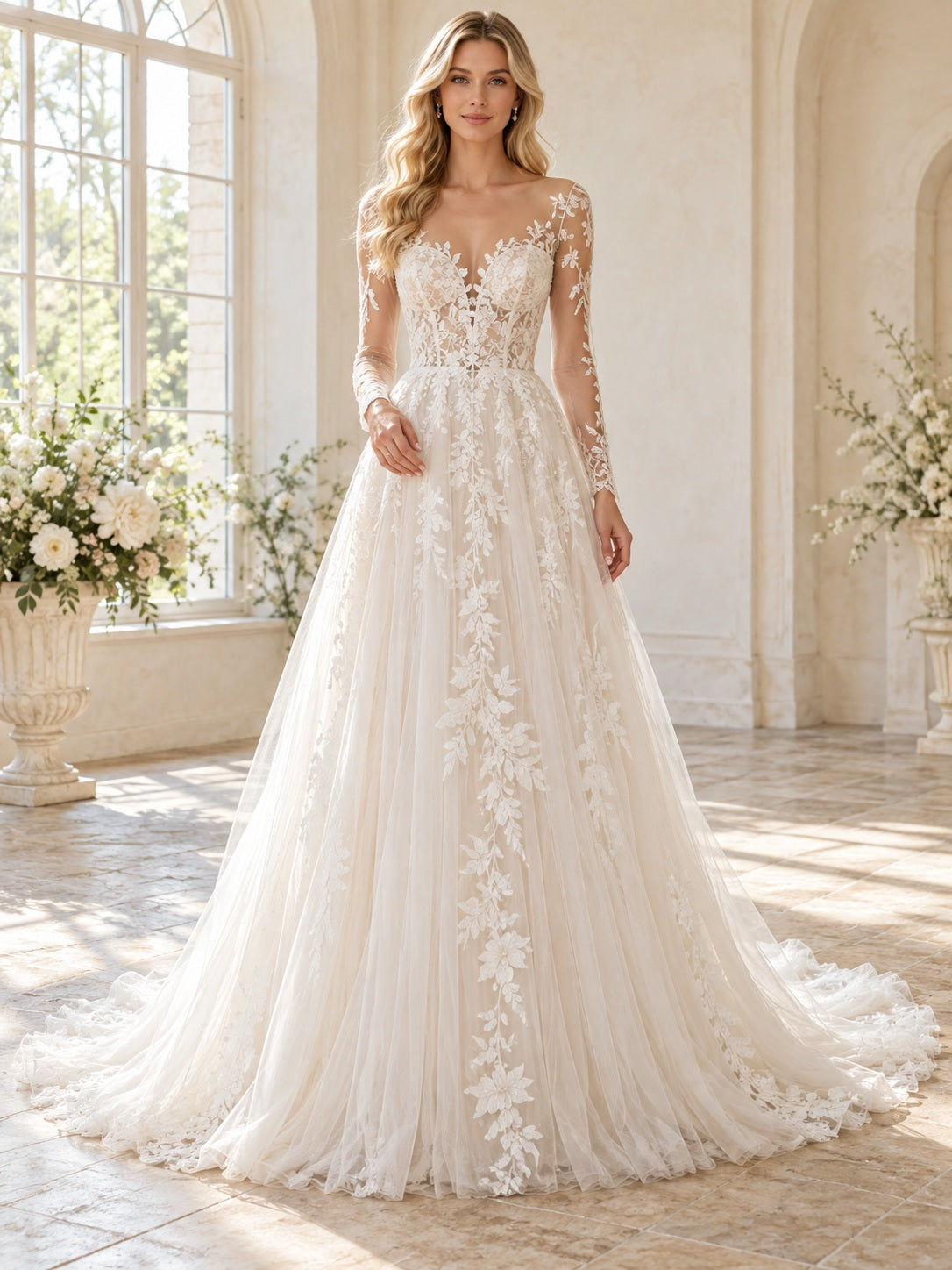 Langärmliges, romantisches Brautkleid mit V-Ausschnitt, floraler Spitze, voluminösem Tüll, A-Linie und Schleppe