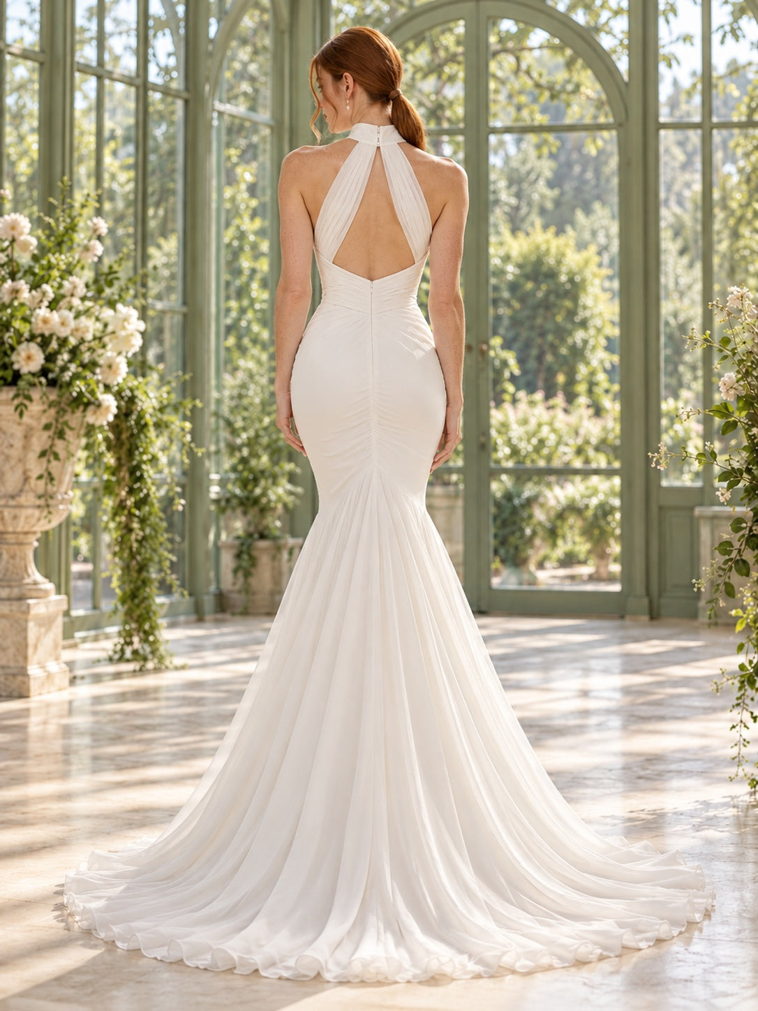 Robe de mariée élégante en mousseline ajustée à col montant, dos nu, coupe sirène, plissée et froncée, avec traîne