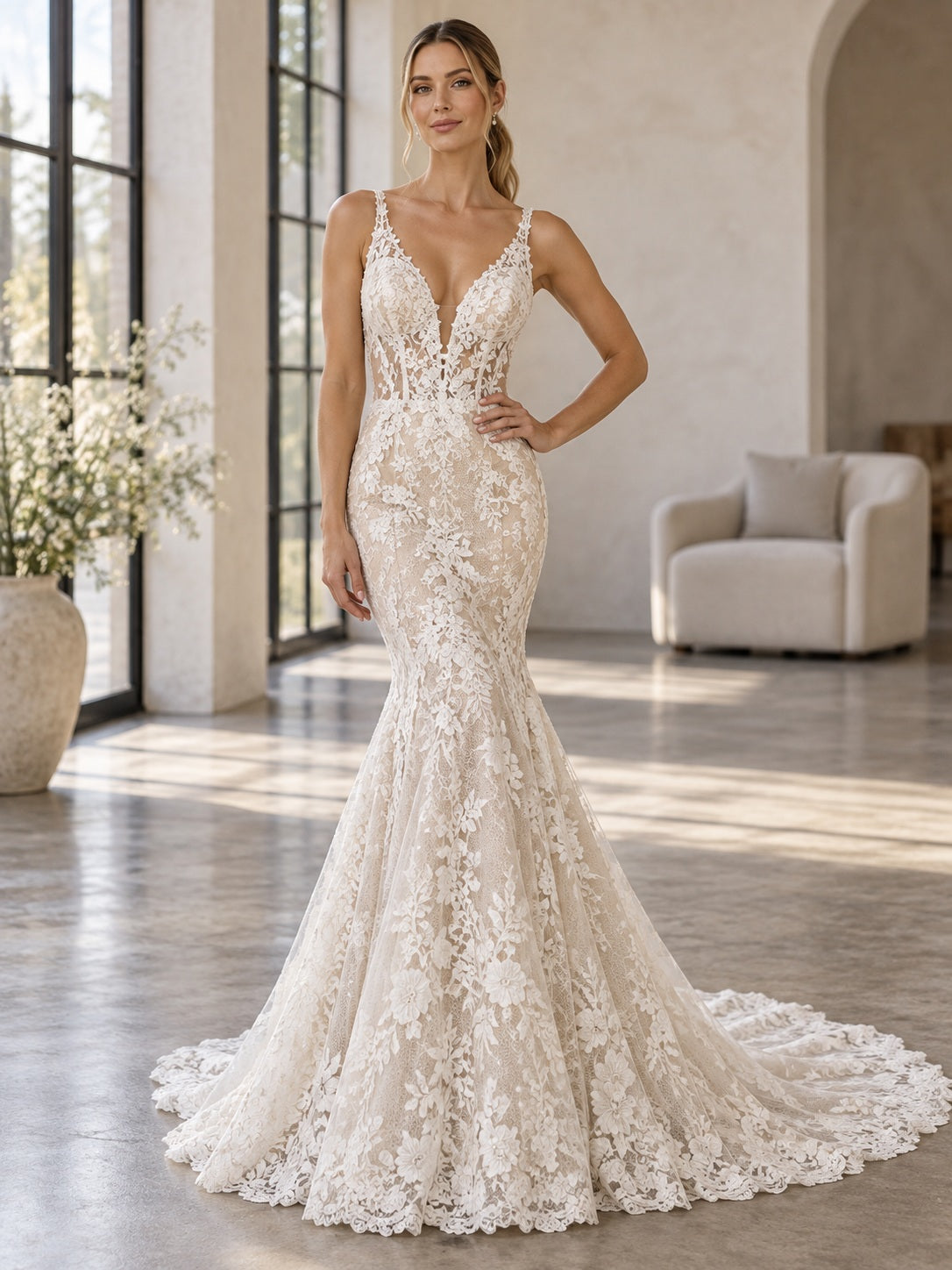 Mermaid V-neck Strapped Floral Scalloped Lace Romantic Fitted Bridal Wedding Dress with Train — image 1, style 747503