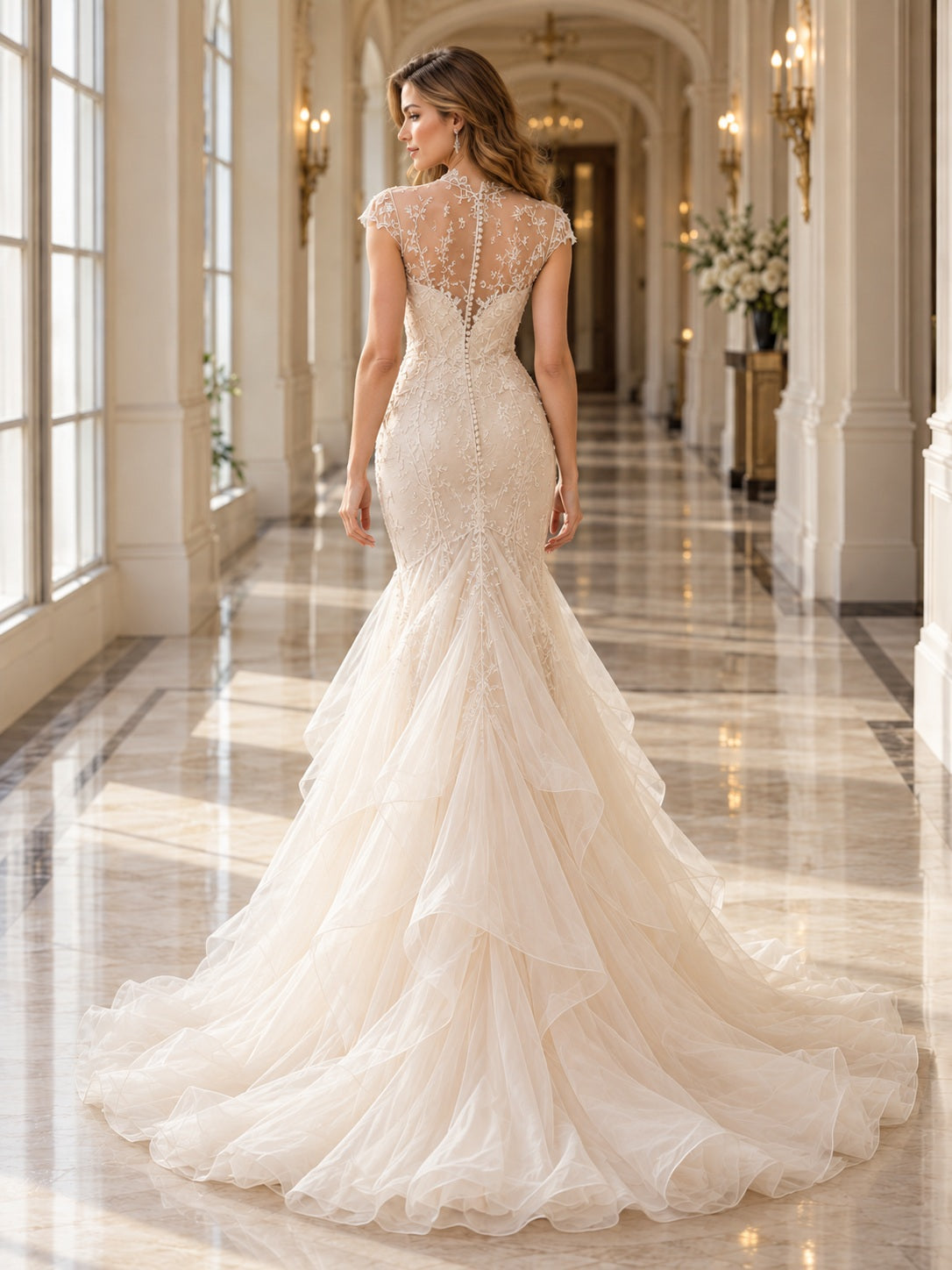 Vestido de novia de organza y encaje en marfil, corte sirena, escote barco y escote corazón, manga corta y cola corta