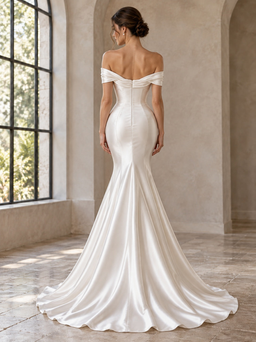 Simple Mermaid Off Shoulder Cowl Neck Draped Satin Fitted Flared Bridal Wedding Dress with Train — image 2, style 747511