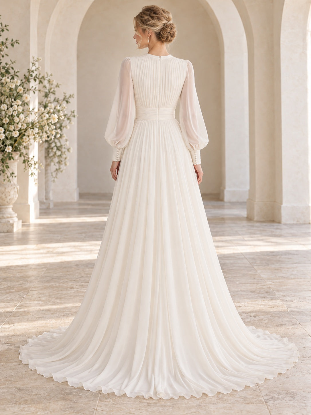 Modest Simple Long Sleeve Jewel Neck Pleated Flowing Chiffon A-line Bridal Wedding Dress — image 2, style 747520