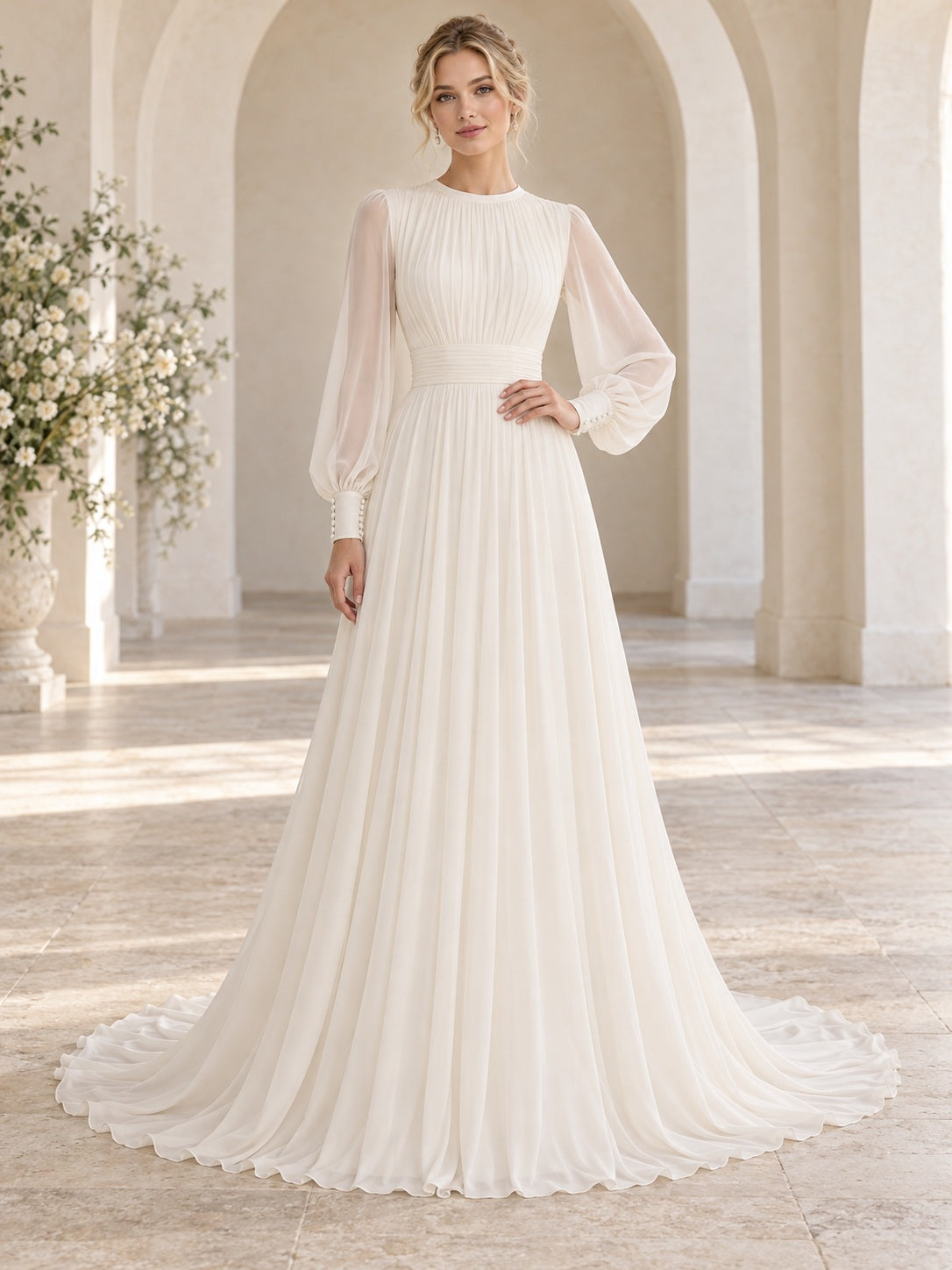 Modest Simple Long Sleeve Jewel Neck Pleated Flowing Chiffon A-line Bridal Wedding Dress — image 1, style 747520