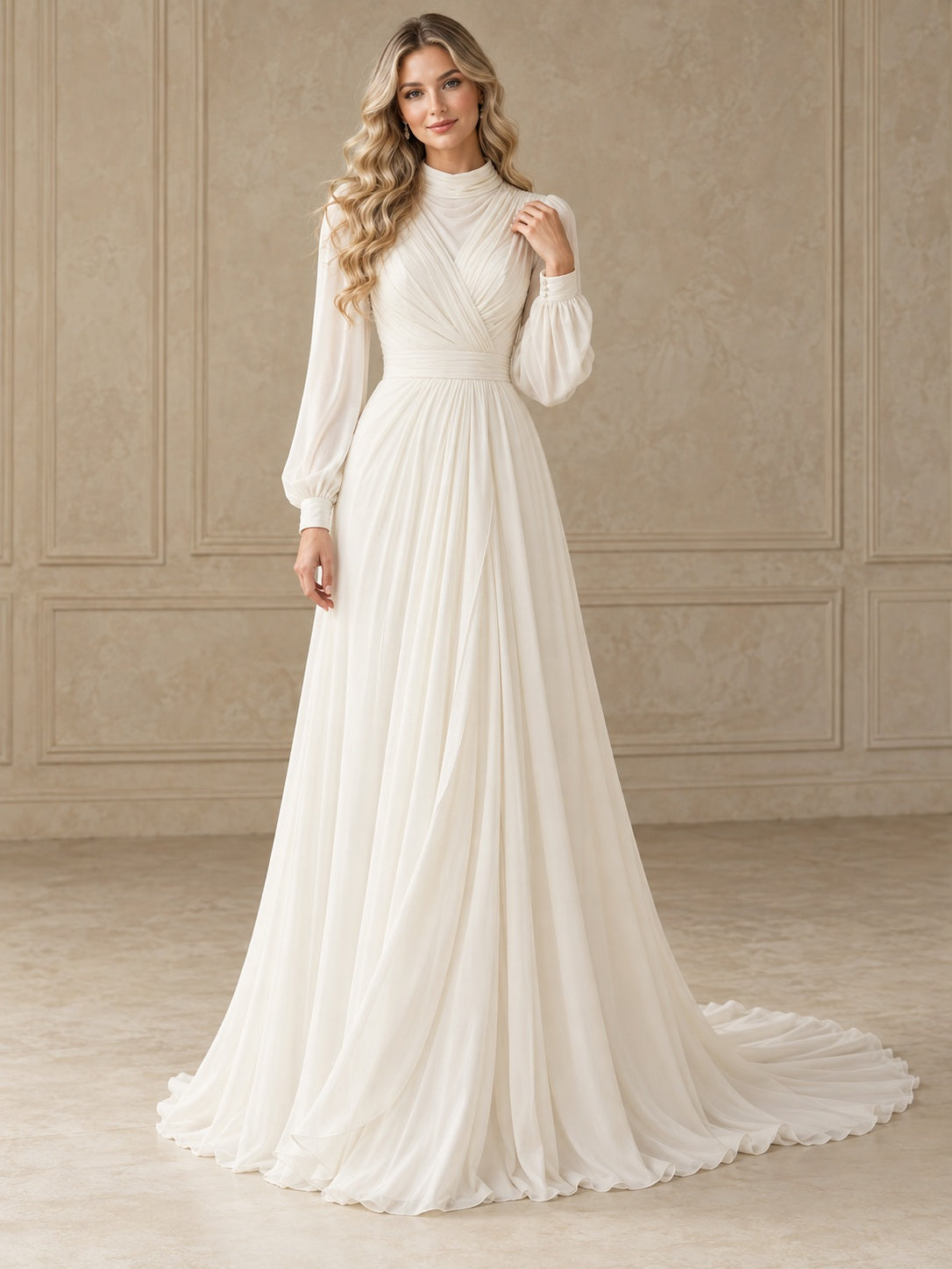 Vestido de novia de gasa en marfil, línea A, cuello alto, manga larga y cola corta
