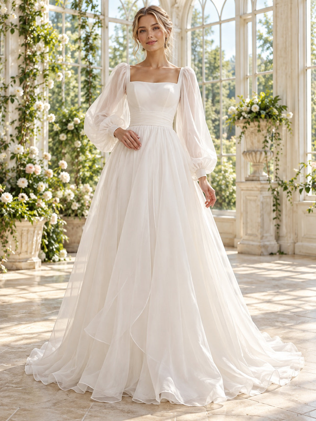 Vestido de novia de organza en marfil, línea A, escote cuadrado, manga larga y cola corta
