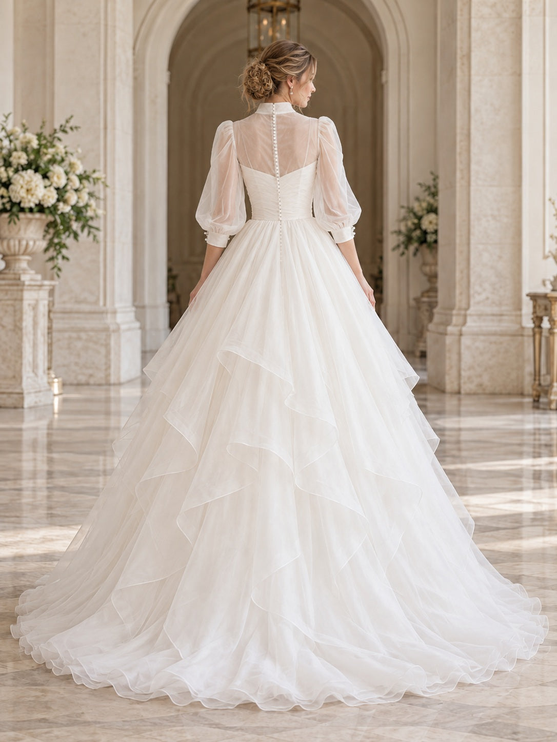 Modest High Neck Three Quarter Sleeve Illusion Tiered Organza A-line Bridal Wedding Dress — image 2, style 747532