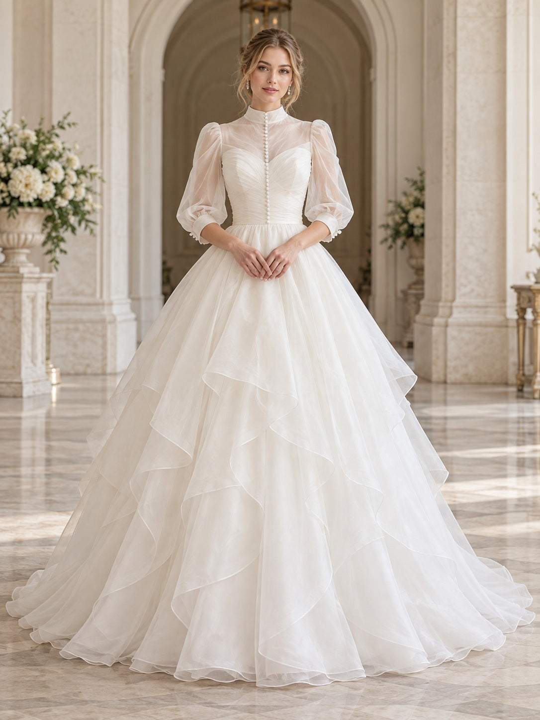 Modest High Neck Three Quarter Sleeve Illusion Tiered Organza A-line Bridal Wedding Dress — image 1, style 747532