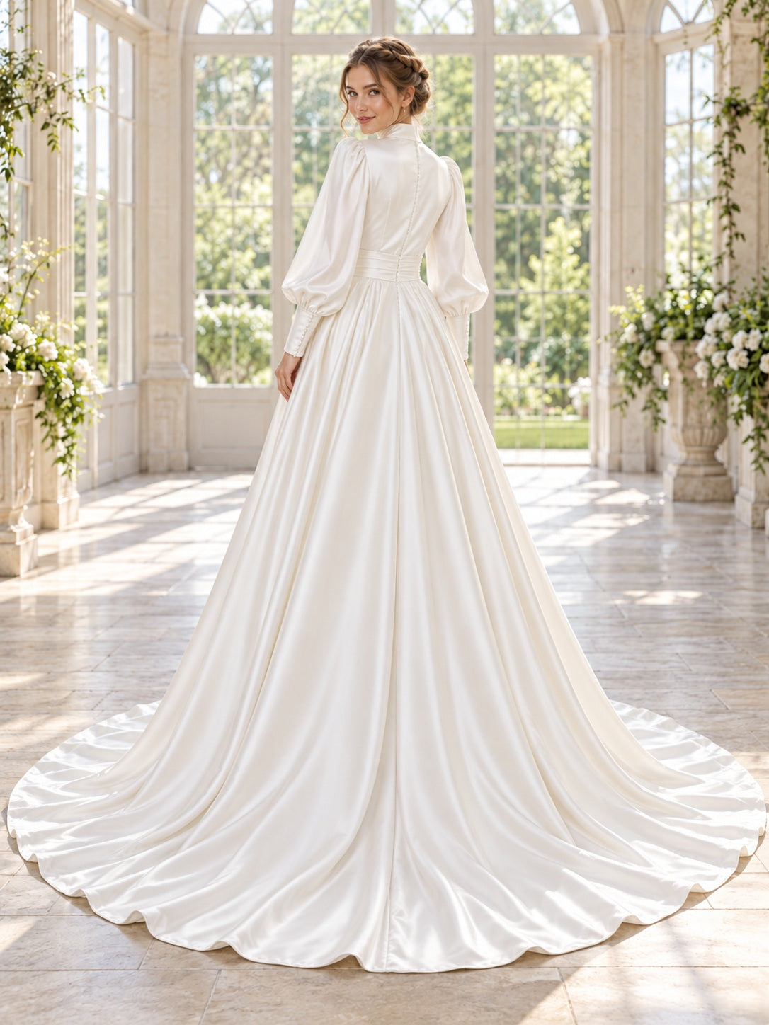 Robe de mariée simple et pudique en satin plissé, à col montant, manches longues et coupe trapèze
