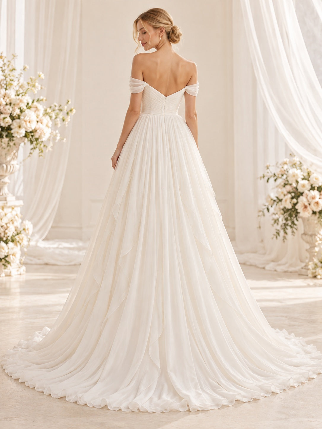 Simple Off Shoulder Sweetheart Romantic Ruched Flowing Chiffon Full A-line Bridal Wedding Dress — image 2, style 747545