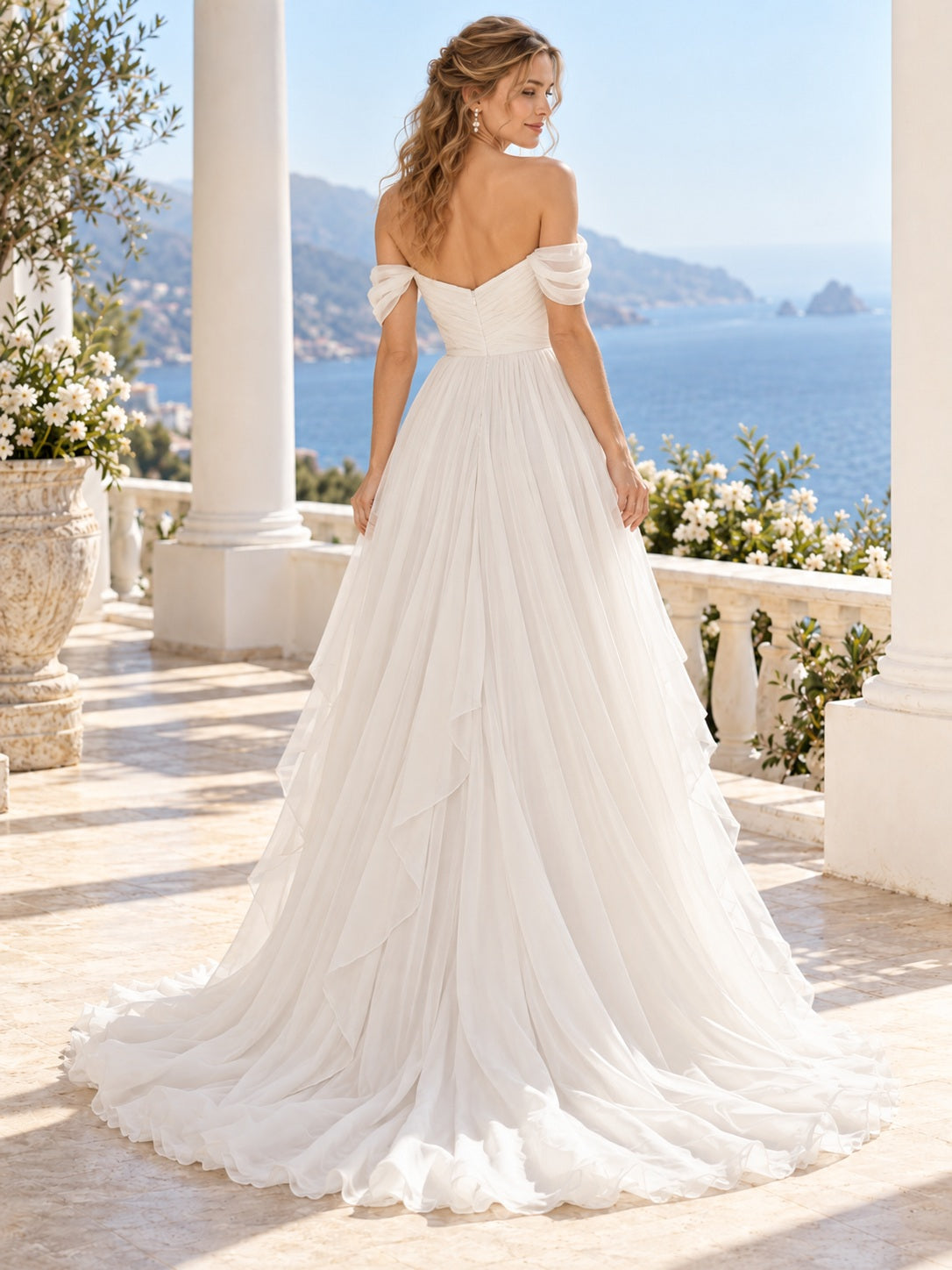 Schlichtes schulterfreies A-Linien-Brautkleid aus Chiffon mit herzförmigem Ausschnitt, gedrehten Ärmeln und romantischer Drapierung