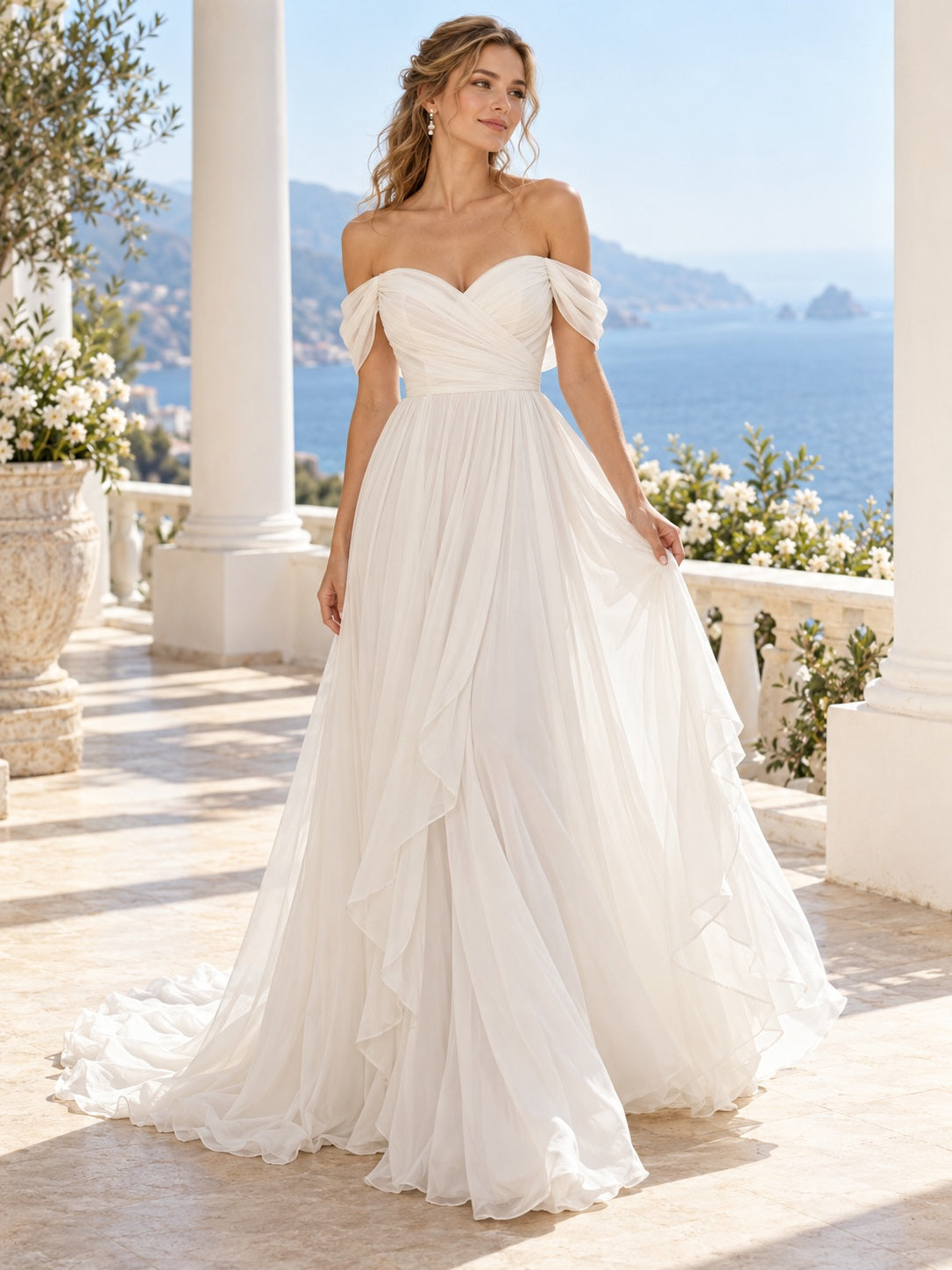 Schlichtes schulterfreies A-Linien-Brautkleid aus Chiffon mit herzförmigem Ausschnitt, gedrehten Ärmeln und romantischer Drapierung