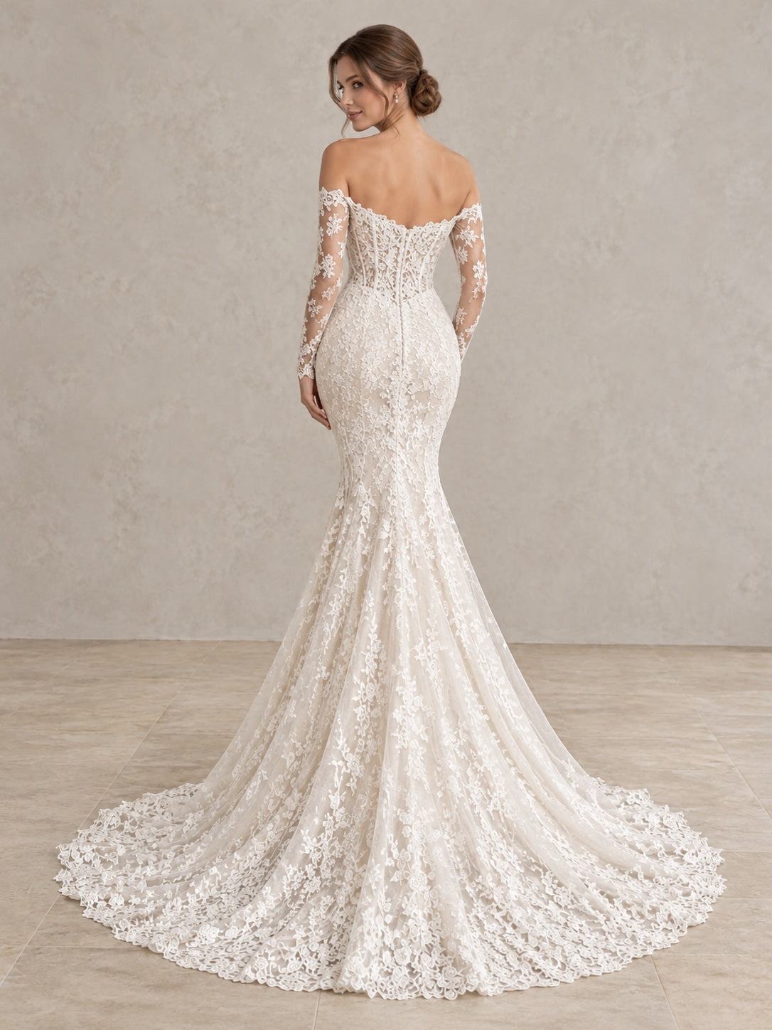 Long Sleeve Mermaid Off Shoulder Sweetheart Floral Scalloped Lace Fitted Bridal Wedding Dress with Train — image 2, style 747550