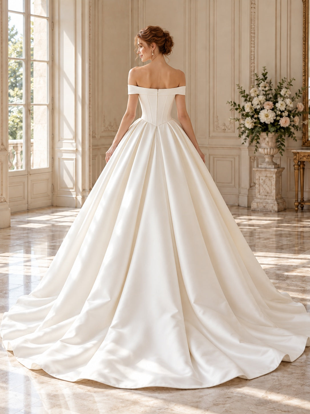 Vestido de novia de satén en marfil, corte princesa, hombros descubiertos, manga corta y cola corta