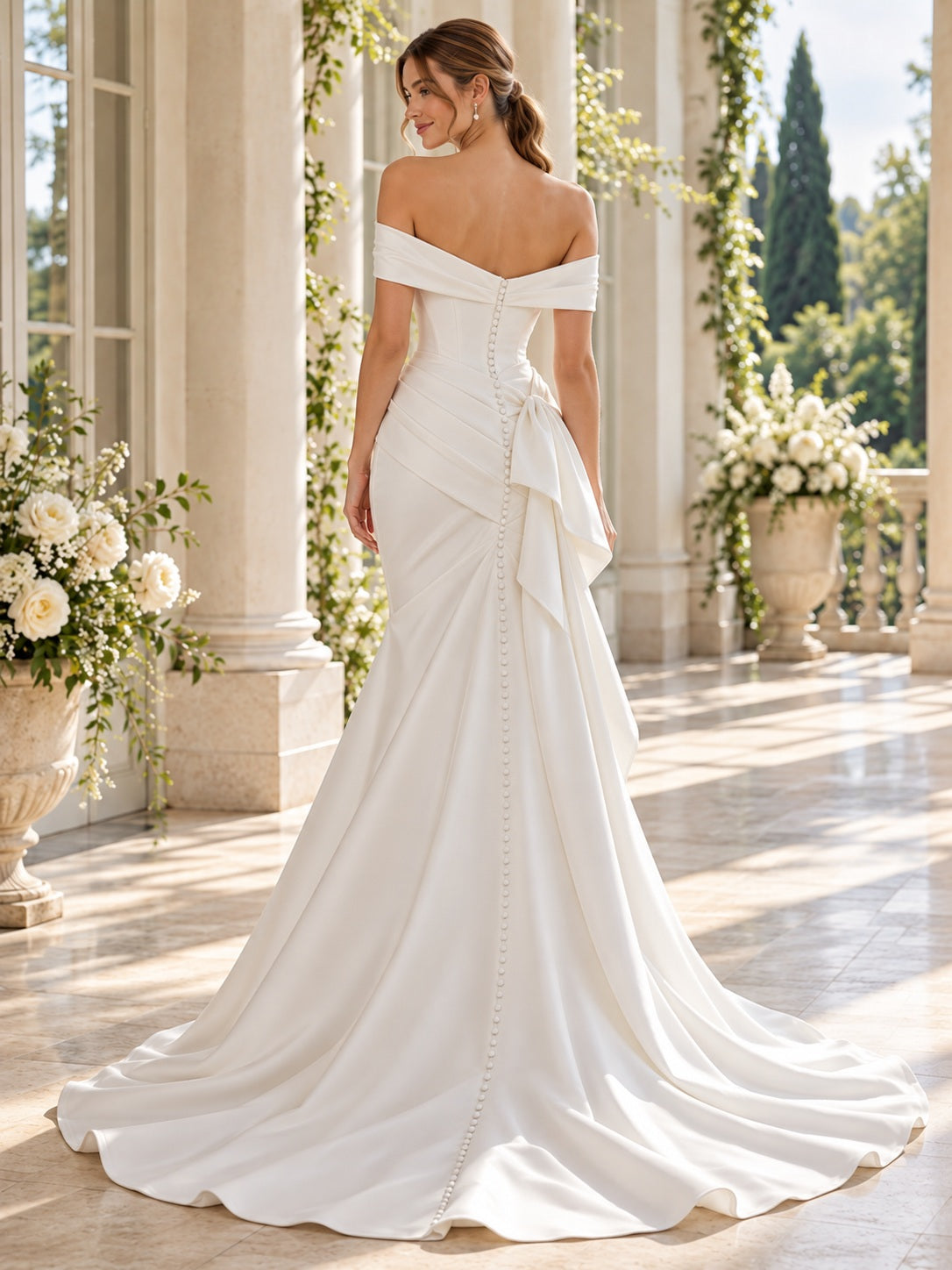 Schlichtes Meerjungfrau-Brautkleid aus Satin mit schulterfreiem Ausschnitt, seitlicher Raffung, Drapierung, figurbetonter Passform und Schleppe