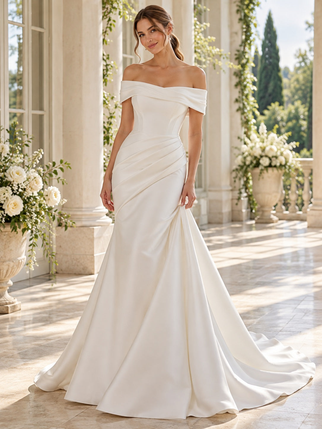 Schlichtes Meerjungfrau-Brautkleid aus Satin mit schulterfreiem Ausschnitt, seitlicher Raffung, Drapierung, figurbetonter Passform und Schleppe