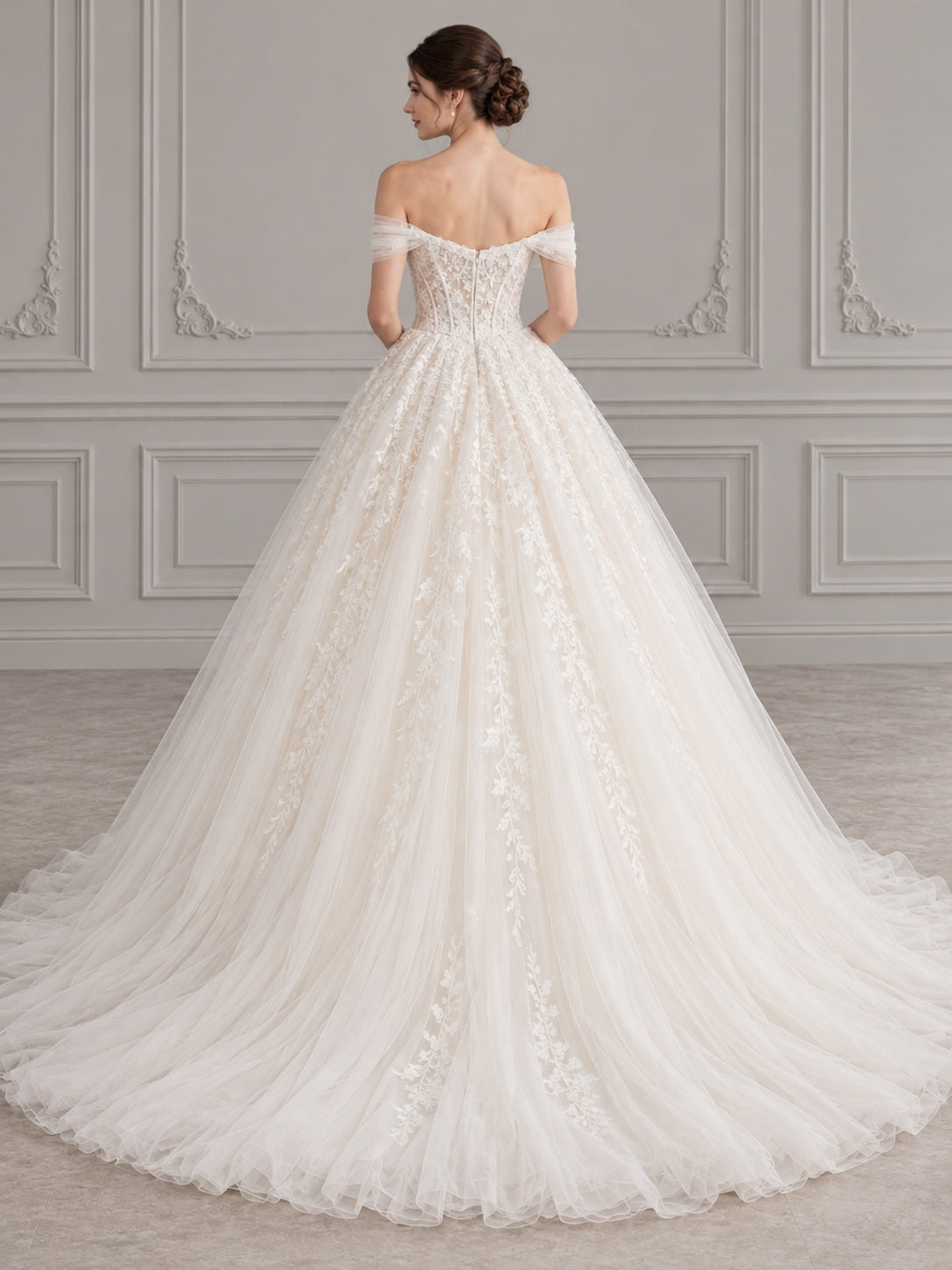 Off Shoulder Sweetheart Corset Floral Lace Full Tulle Ball Gown Bridal Wedding Dress — image 2, style 747572