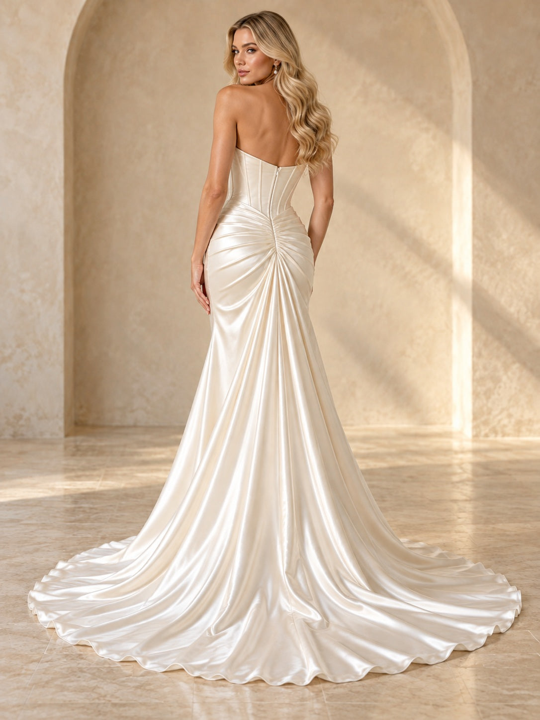 Vestido de novia de satén en marfil, corte recto, escote corazón y sin tirantes y cola corta