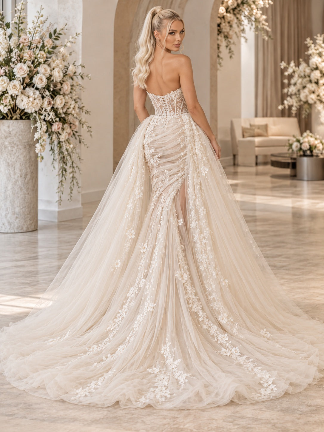 Vestido de novia de tul y encaje en champán, corte sirena, escote corazón y sin tirantes y cola corta