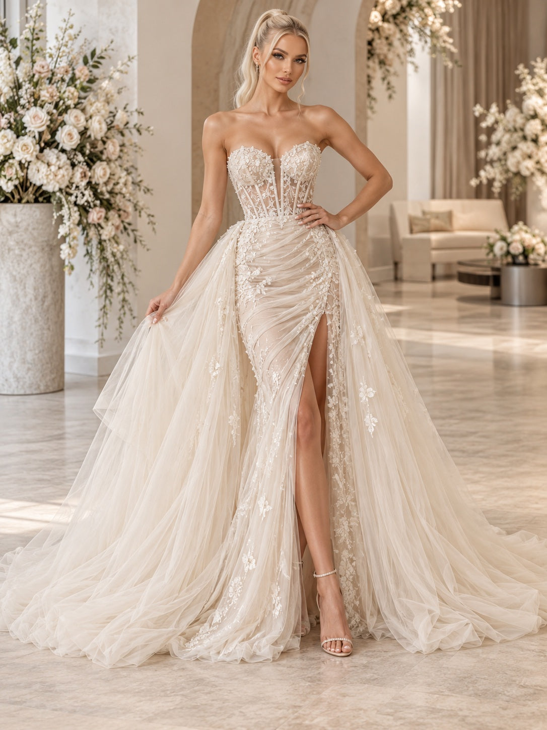 Vestido de novia de tul y encaje en champán, corte sirena, escote corazón y sin tirantes y cola corta