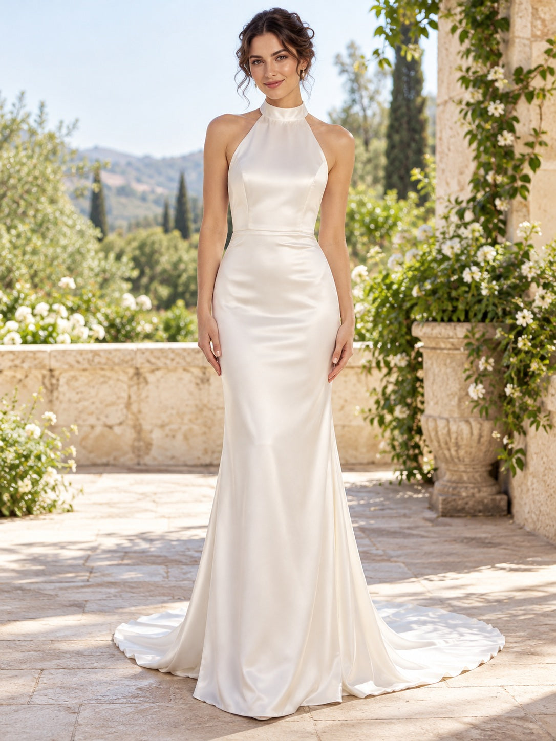 Einfaches elegantes, figurbetontes Brautkleid aus glattem Satin mit hohem Neckholder-Ausschnitt und Schleppe