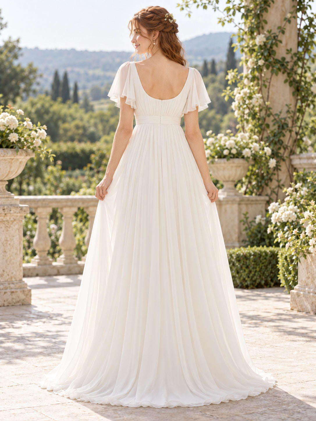 Simple Chiffon Scoop Neck Flutter Sleeve Pleated A-Line Wedding Dress — image 2, style 747653
