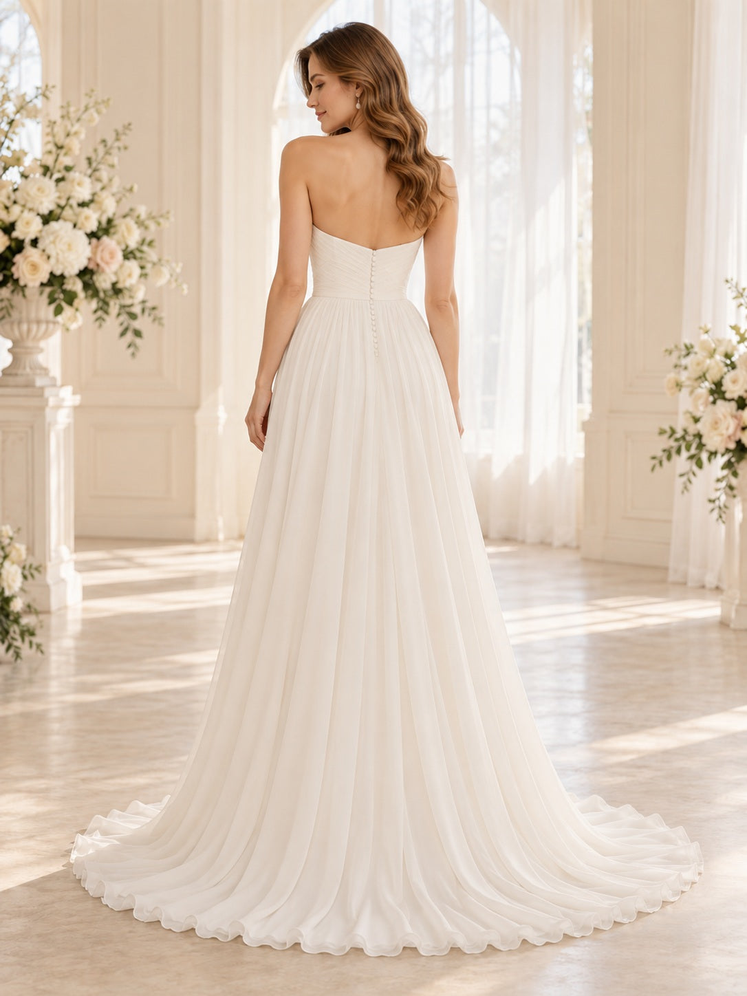 Schlichtes trägerloses, fließendes A-Linien-Brautkleid aus Chiffon mit herzförmigem Ausschnitt, Raffungen und natürlicher Taille