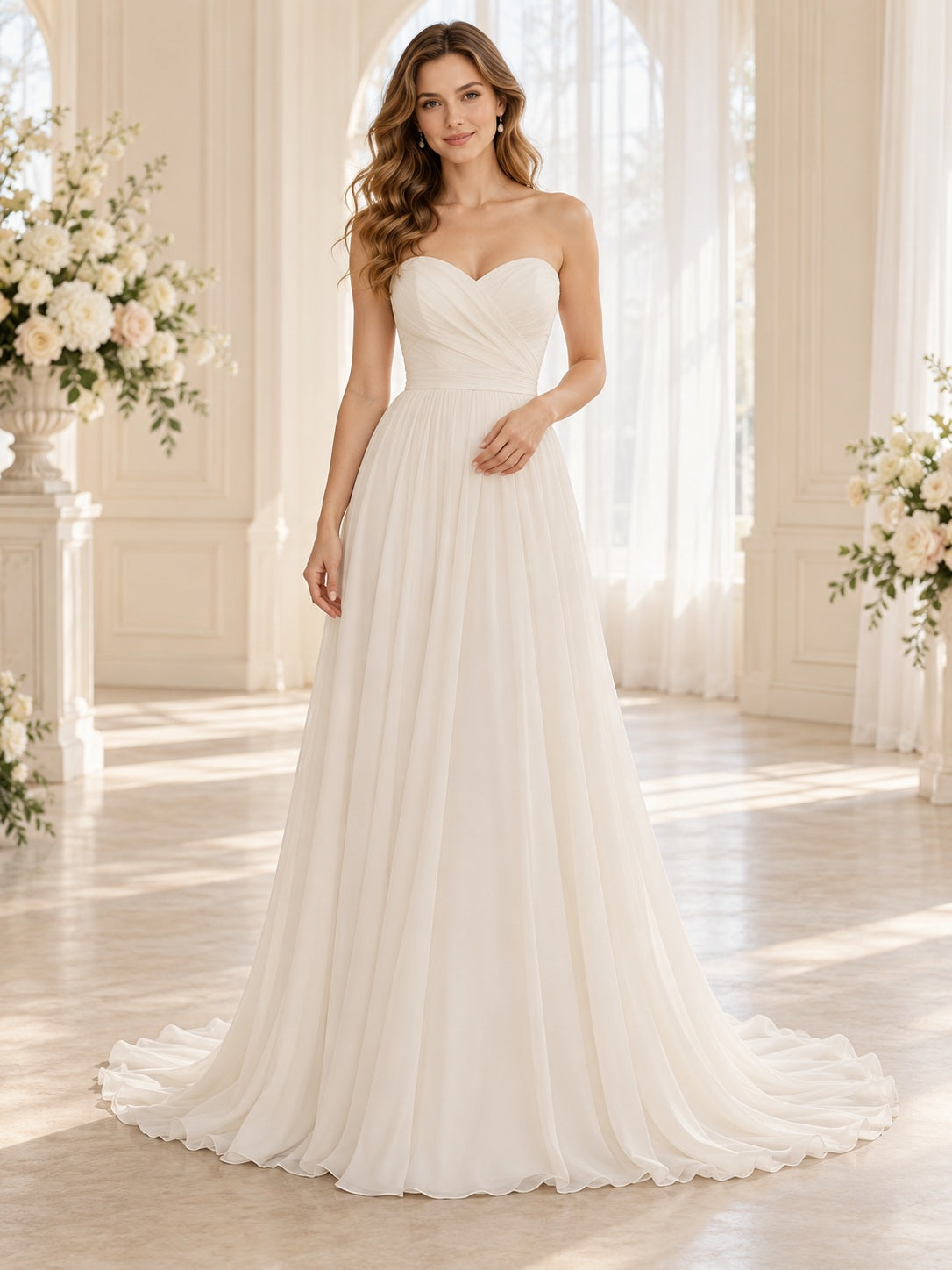 Schlichtes trägerloses, fließendes A-Linien-Brautkleid aus Chiffon mit herzförmigem Ausschnitt, Raffungen und natürlicher Taille