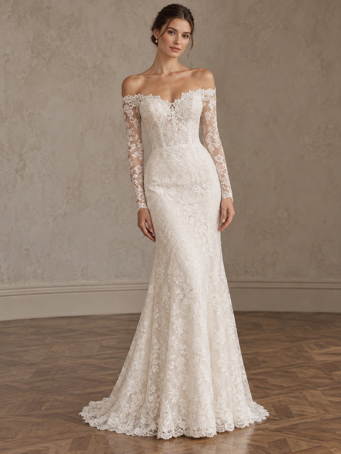 Schlichtes schulterfreies Spitzen-Brautkleid mit langen Ärmeln, Meerjungfrau-Schnitt und Bogenkante