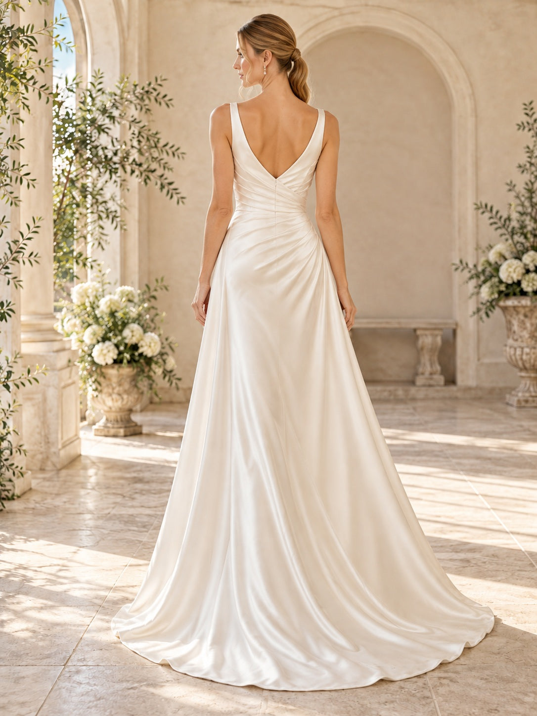 Simple Satin Sheath V Neck Ruched Draped Wedding Dress with Train — image 2, style 747666