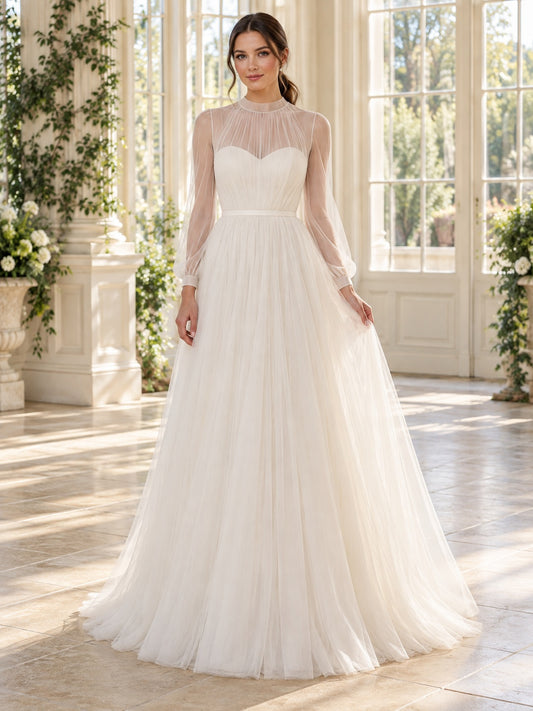 Simple Modest Tulle High Neck Long Illusion Sleeve Wedding Dress — image 1, style 747674