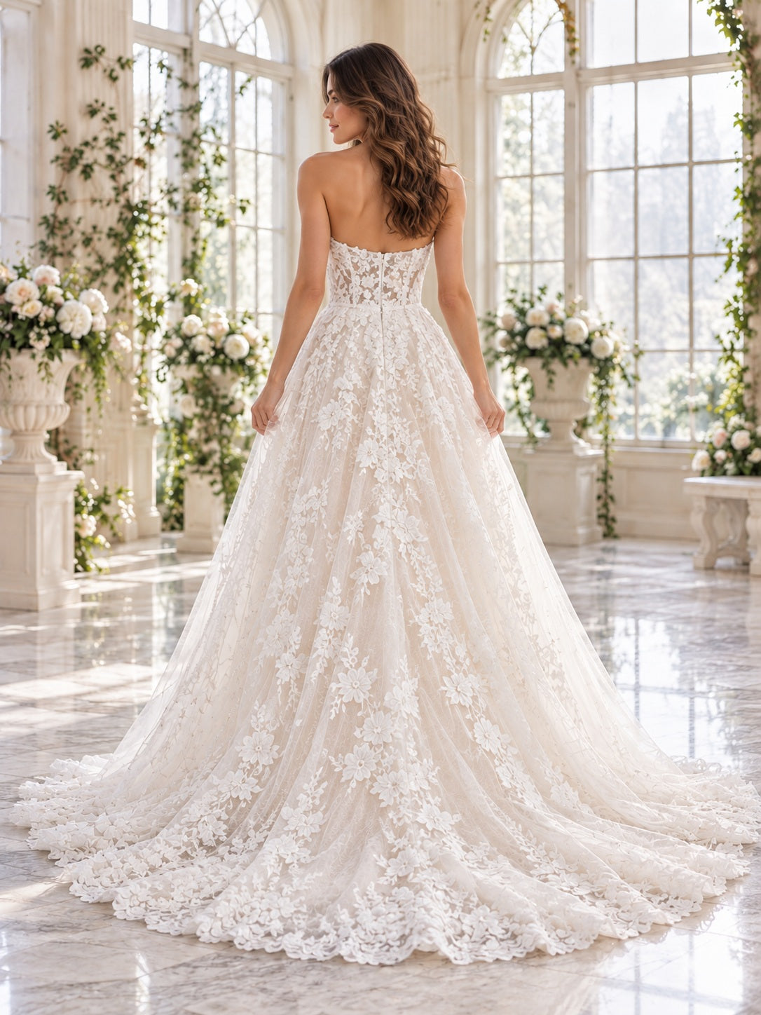 Trägerloses, florales A-Linien-Brautkleid aus Spitze mit geradem Ausschnitt und langer Schleppe