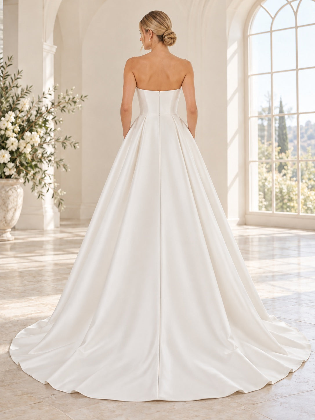 Strapless Simple Mikado Satin Straight Neck Pocket A-Line Wedding Dress — image 2, style 747685