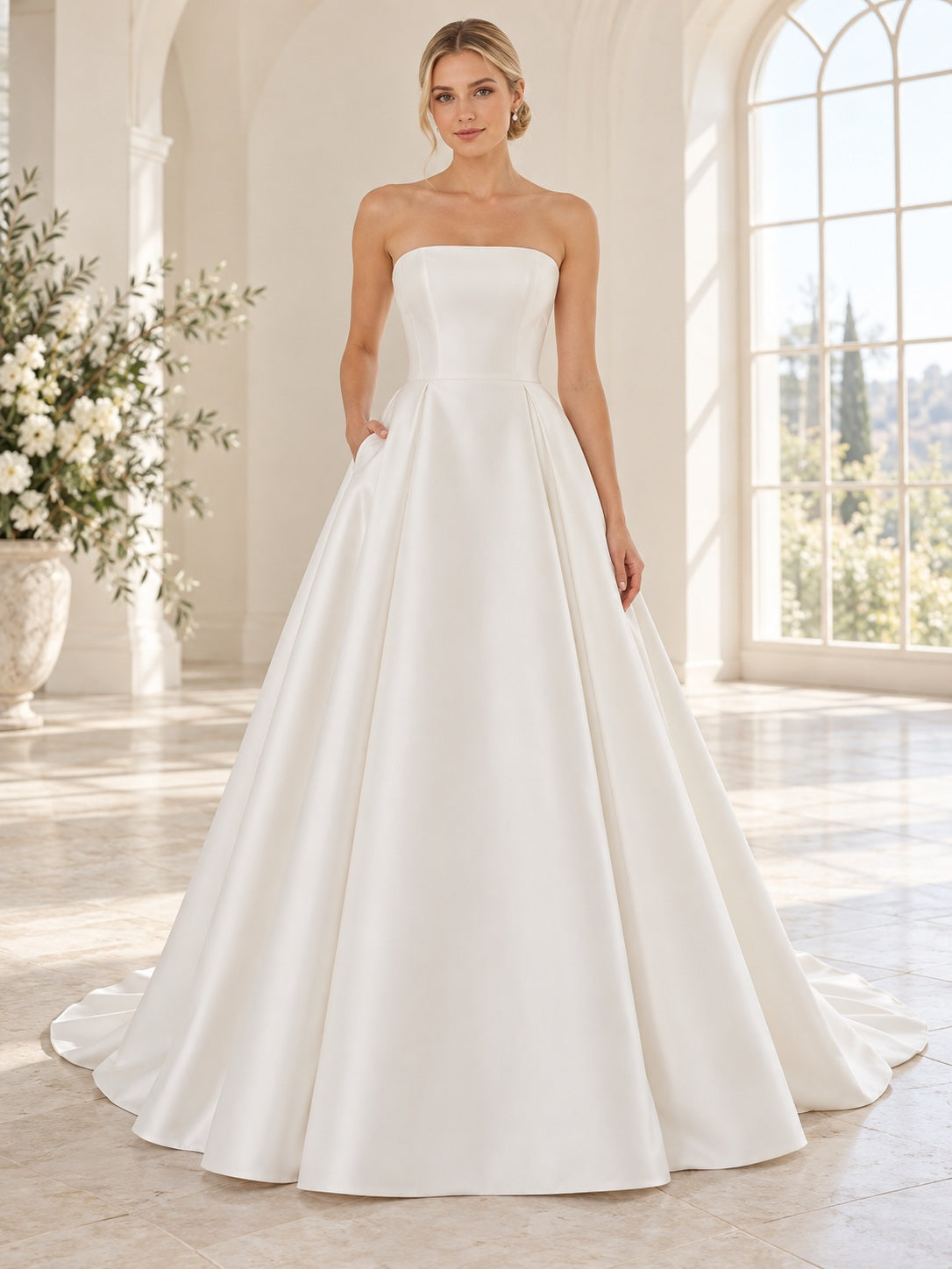 Strapless Simple Mikado Satin Straight Neck Pocket A-Line Wedding Dress — image 1, style 747685