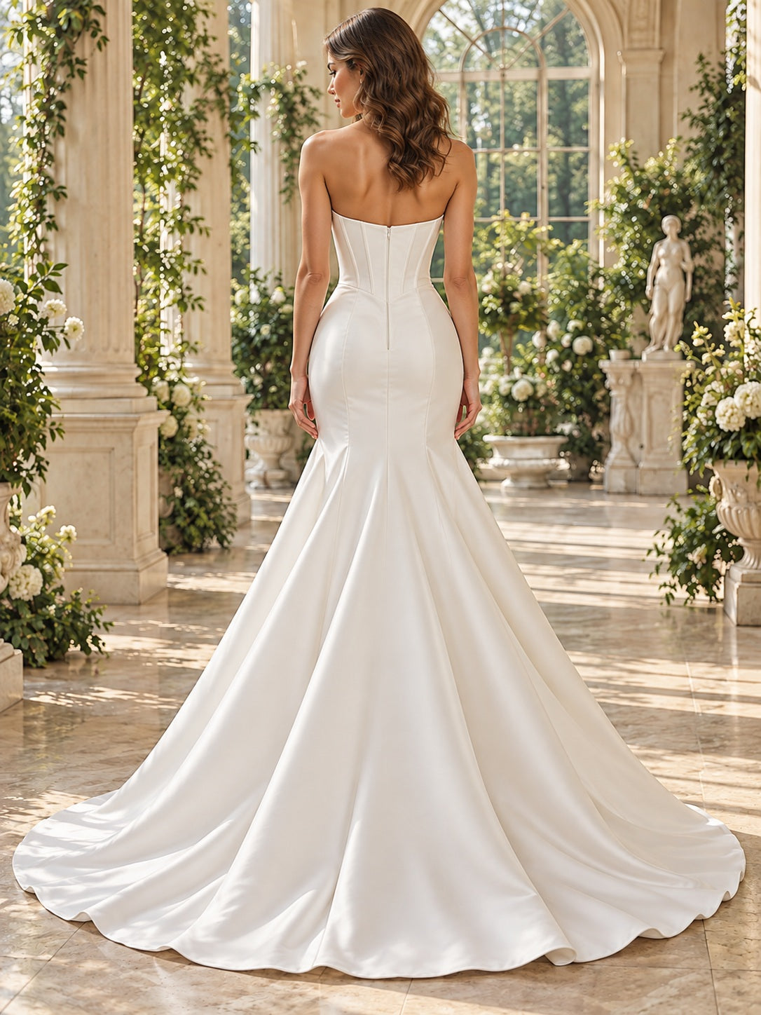Trägerloses Meerjungfrauen-Brautkleid aus Mikado-Satin mit herzförmigem Ausschnitt, glatter Oberfläche und Hofschleppe