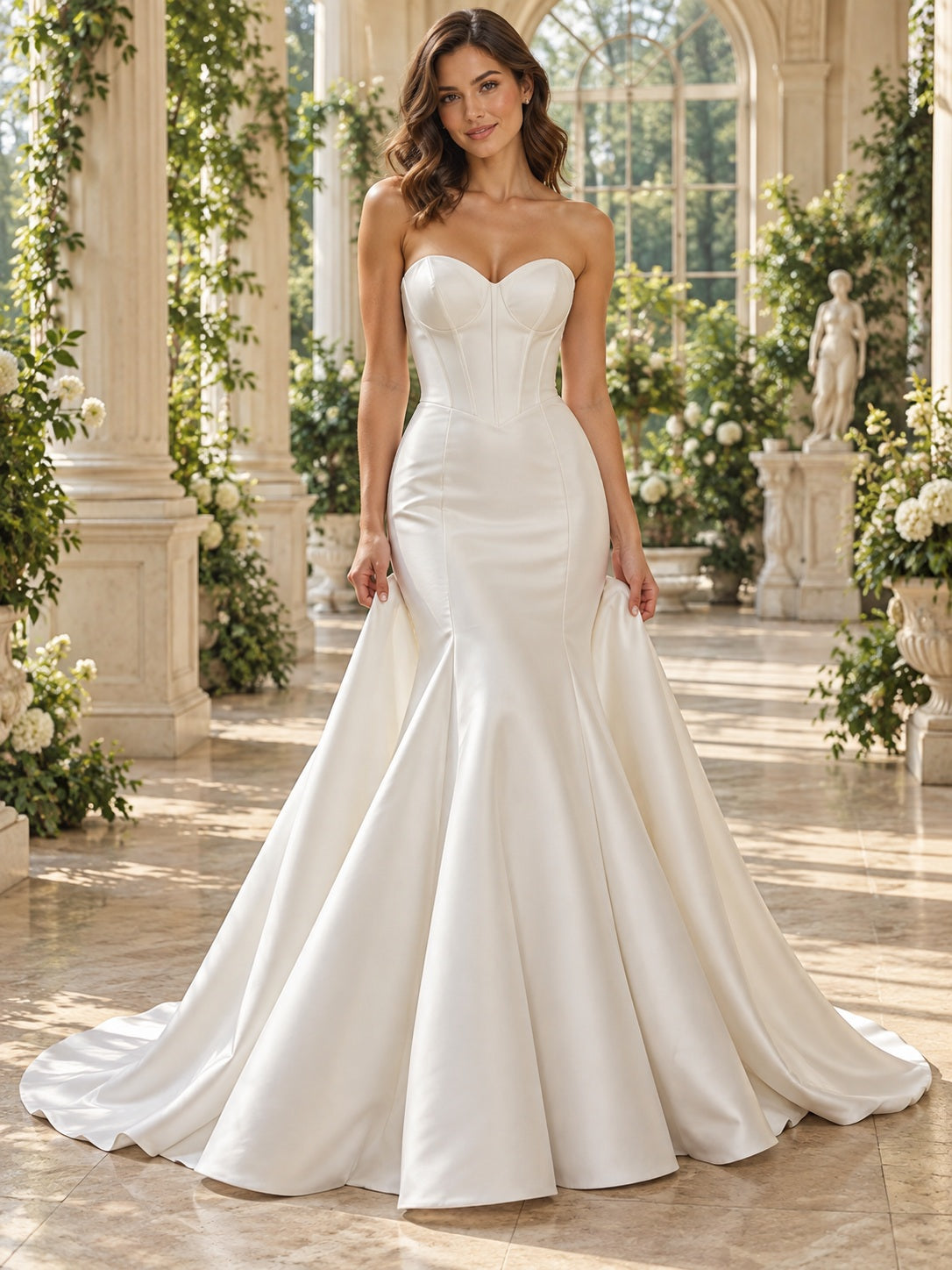 Trägerloses Meerjungfrauen-Brautkleid aus Mikado-Satin mit herzförmigem Ausschnitt, glatter Oberfläche und Hofschleppe