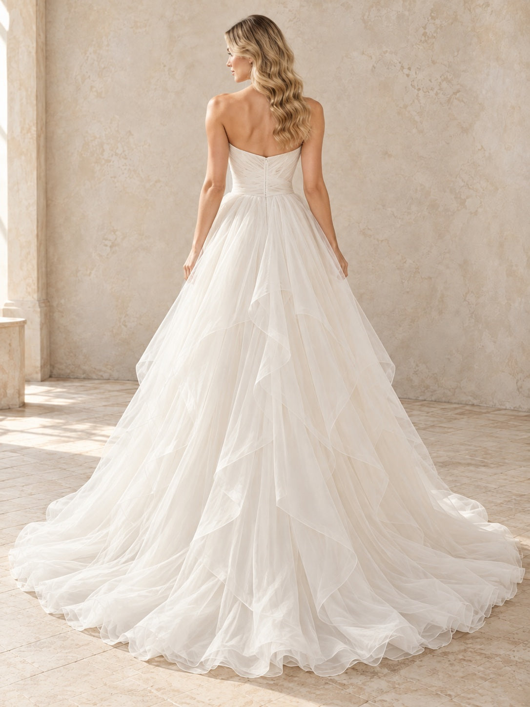 Strapless Organza Sweetheart Draped Cascading A-Line Train Natural Waist Wedding Dress — image 2, style 747690