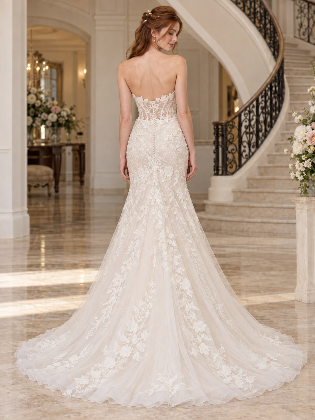 Strapless Organza Sweetheart Floral Lace Mermaid Court Train Wedding Dress — image 2, style 747691