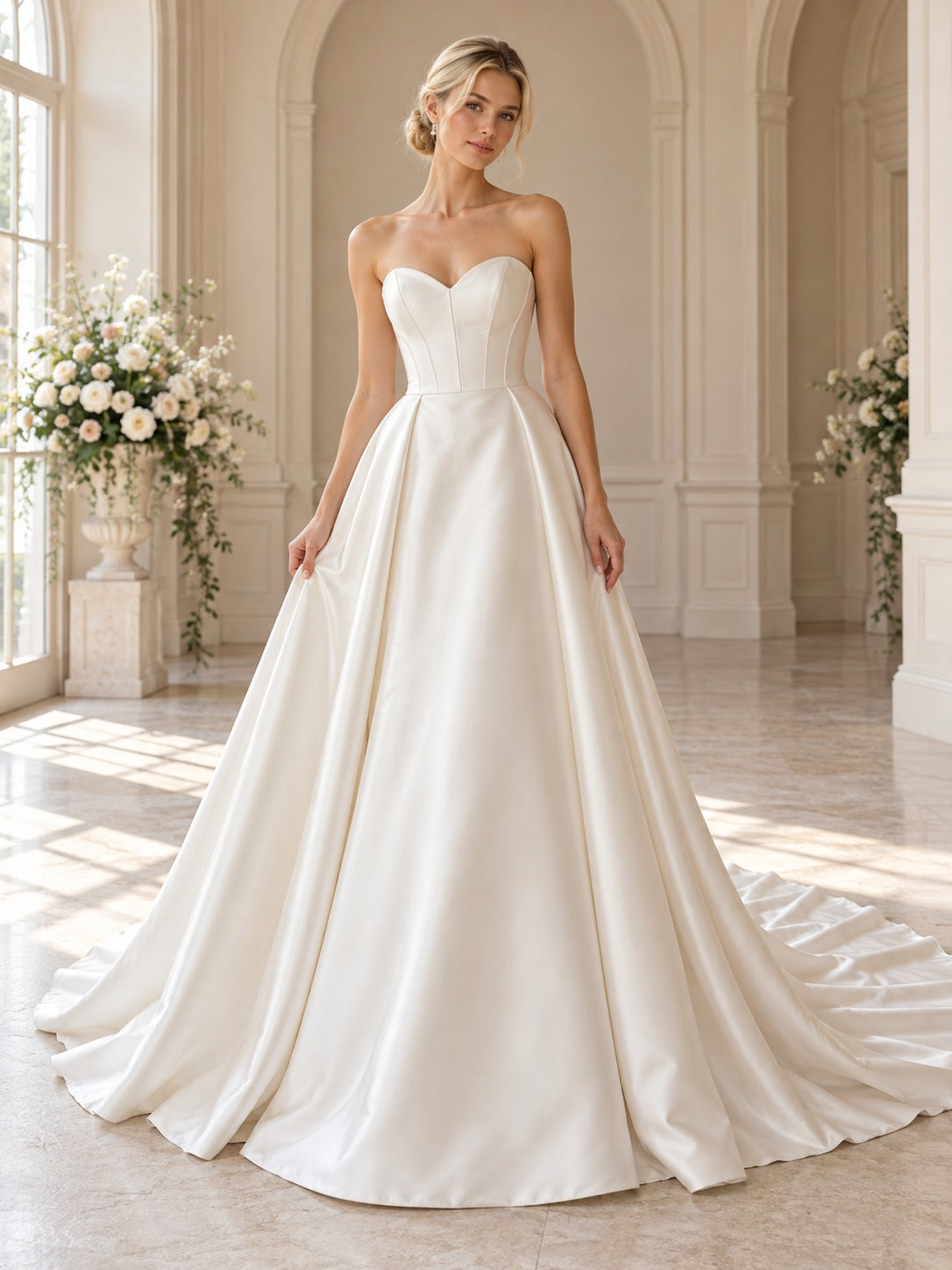 Strapless Simple Satin Sweetheart Pleated A-Line Court Train Wedding Dress — image 1, style 747695