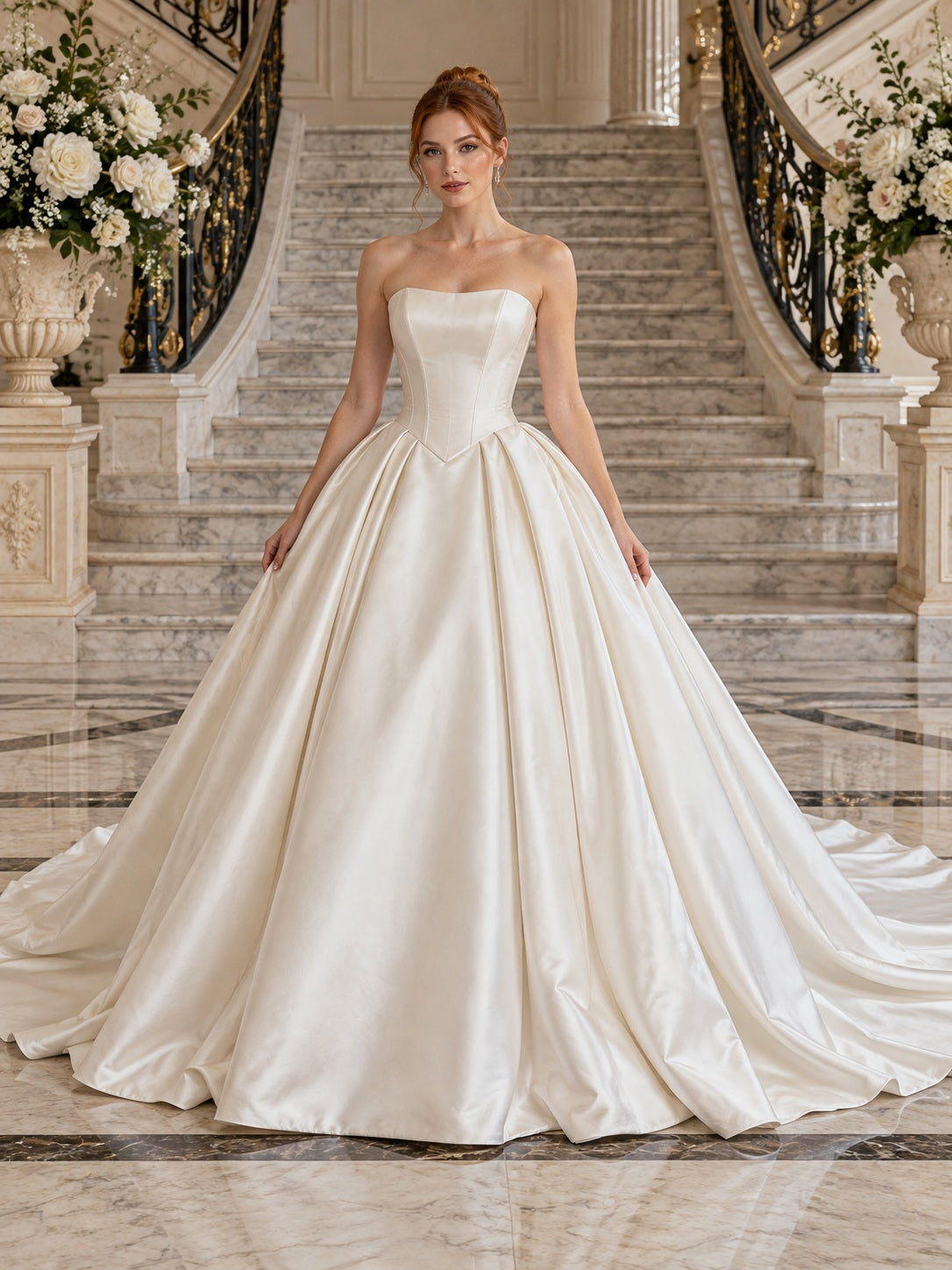 Strapless Simple Satin Straight Neck Princess Ball Gown Wedding Dress — image 1, style 747697