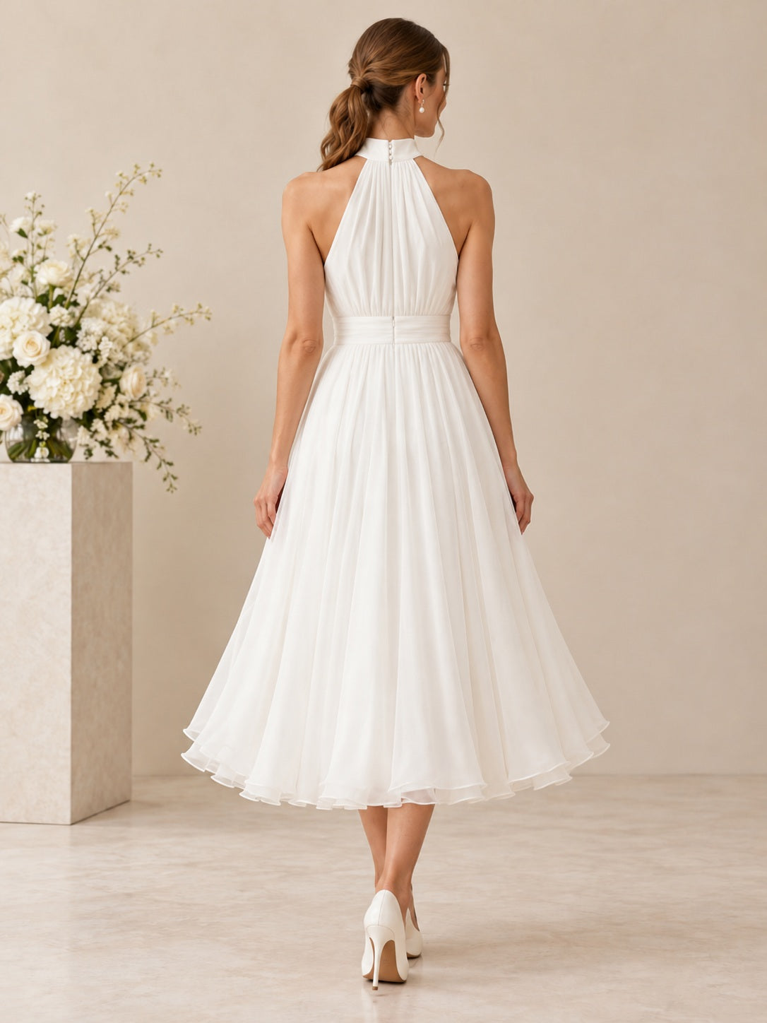 Tea-length Simple Chiffon Halter Gathered A-Line Natural Waist Wedding Reception Dress — image 2, style 747709