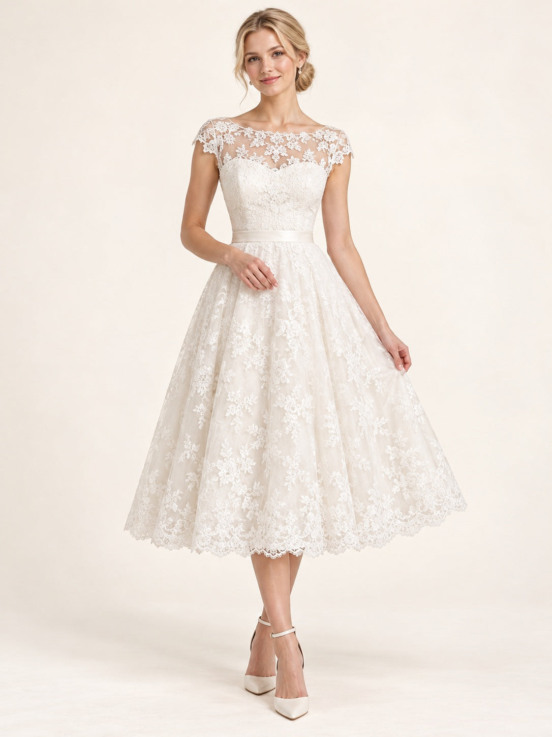Vestido de novia de encaje en marfil, línea A, escote barco, manga corta y largo a media pierna